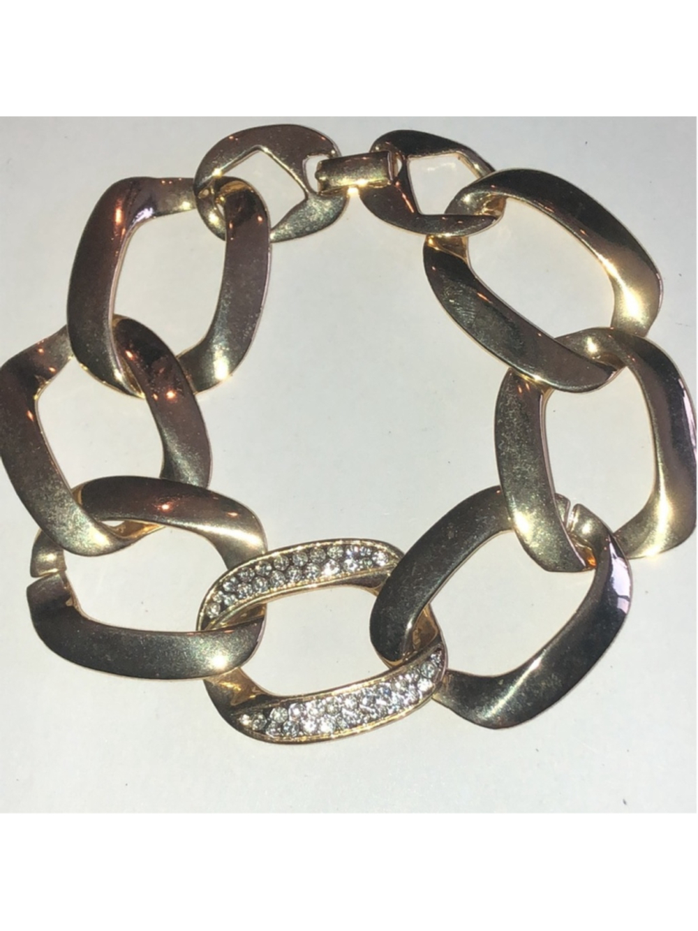Angel Brand Signed Gold Tone Rhinestone Chunky Chain Link Bracelet